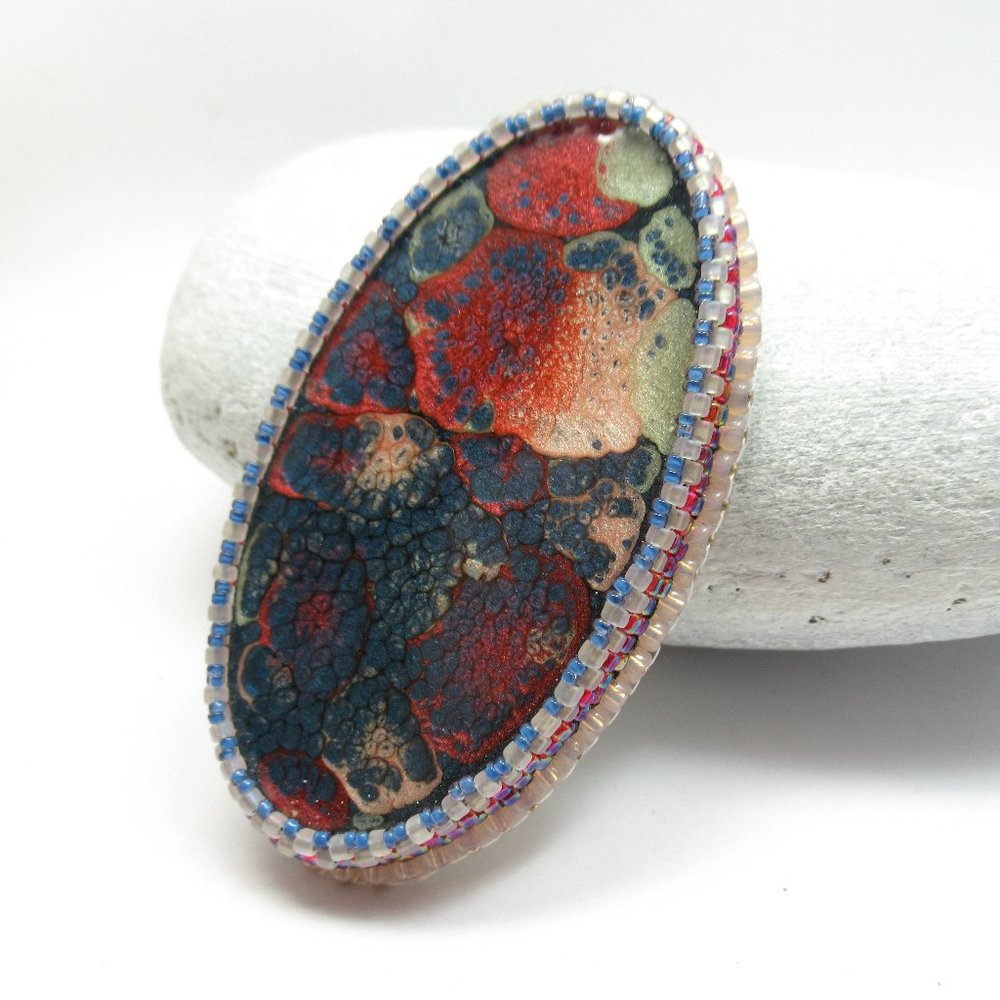 Bead embroidered painted cabochon pendant